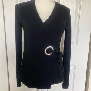 Black Wrap Sweater with Rhinestone Buckle
